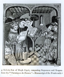 国王罗伯特二世（970-1031）Hugh Capet（c.944-996）的儿子，作品序列和回应，来自&39;Chroniques de France&39;，插图来自&39;中世纪和文艺复兴时期的科学与文学 作者 法语学校
